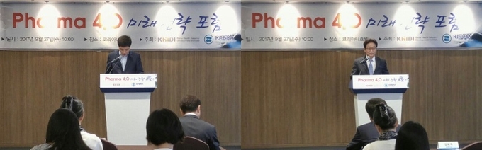 이영찬 한국보건산업진흥원장이 개회사를, 한국제약바이오협회 원희목 회장이 축사를 연설하고 있다. 