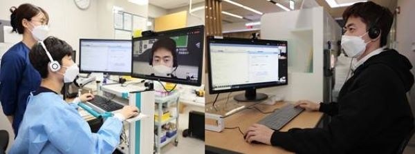 세브란스병원 응급진료센터에서 의료진(왼쪽)과 보호자(오른쪽)가 화상 상담 및 동의서 작성을 진행하고 있다.