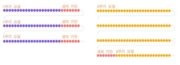 1주기 복용법(21정) vs 3주기 요법(쎄스콘시즌 시리즈, 84정+7정)